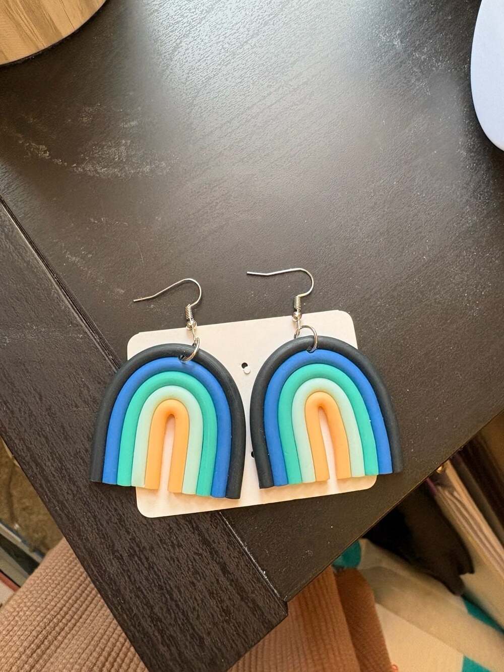 Handmade Polymer Clay Rainbow Dangle Earrings Blue Green Orange
